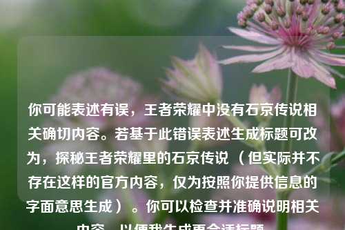 你可能表述有误，王者荣耀中没有石京传说相关确切内容。若基于此错误表述生成标题可改为，探秘王者荣耀里的石京传说 （但实际并不存在这样的官方内容，仅为按照你提供信息的字面意思生成） 。你可以检查并准确说明相关内容，以便我生成更合适标题。